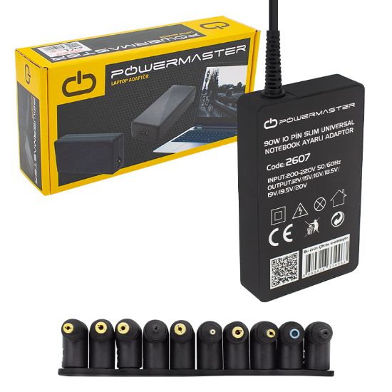 POWERMASTER PM-2607 12V/15V/16V/18.5V/19V/19.5V/20V 90 WATT 10 PİN SLIM KASA UNIVERSAL AYARLI NOTEBOOK ADAPTÖR resmi
