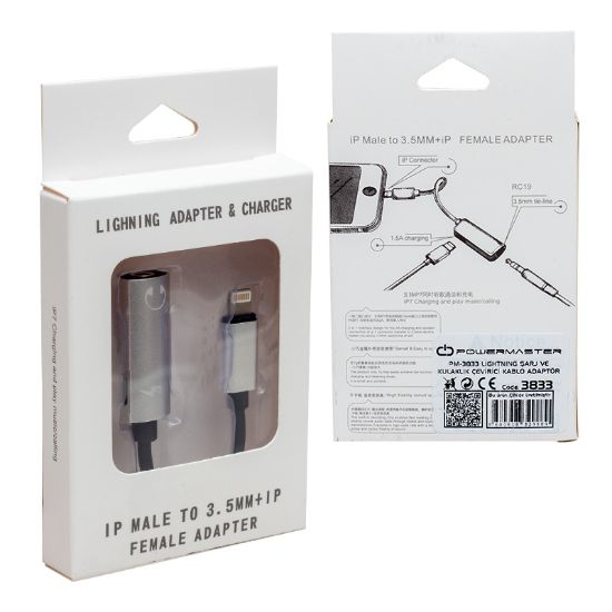 POWERMASTER PM-3833 LIGHTNING ŞARJ VE 3.5 MM KULAKLIK ÇEVİRİCİ KABLO ADAPTÖR resmi