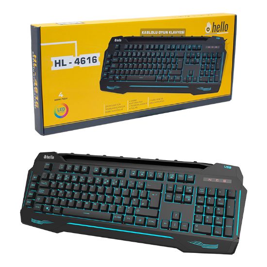 HELLO HL-4616 4 MAKRO TUŞLU 3 RENK IŞIKLI KABLOLU GAMING OYUNCU KLAVYE resmi