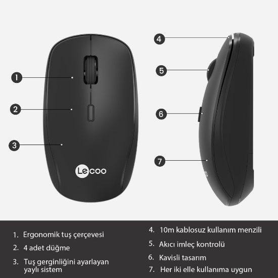 LENOVO LECOO WS203 KABLOSUZ 2400DPI 4 TUSLU OPTİK MOUSE SİYAH resmi