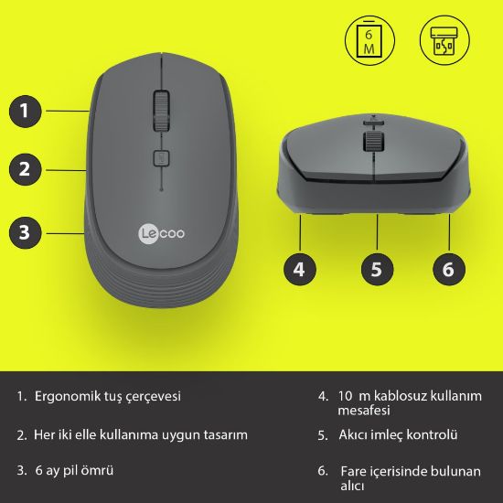 LENOVO LECOO WS202-G GRİ USB KABLOSUZ MOUSE resmi