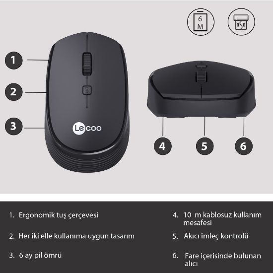 LENOVO LECOO WS202 SİYAH USB KABLOSUZ MOUSE resmi