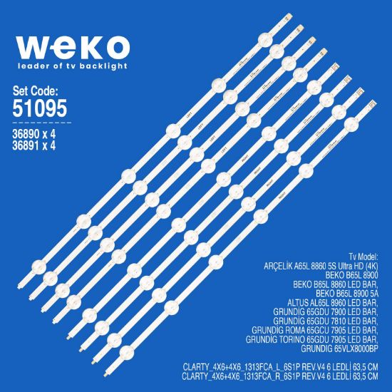 WKSET-6095 36890X436891X4ARCELIK_65_CLARTY_4X6+4X6_1313FCA_L/R 8 ADET LED BAR resmi