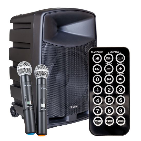 WESTA WAP-12505 300 WATT 12 2 YOLLU 2 EL TELSİZ MİKROFONLU BLUETOOTH ÖZELLİKLİ ŞARJLI AKTİF KABİN HOPARLÖR resmi