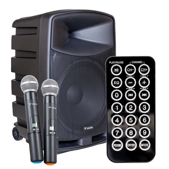 WESTA WAP-15505 400 WATT 15 2 YOLLU 2 EL TELSİZ MİKROFONLU BLUETOOTH ÖZELLİKLİ ŞARJLI AKTİF KABİN HOPARLÖR resmi