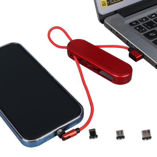 POWERMASTER PM-25904 KIRMIZI 3İN1 (TYPE C- LİGHTNİNG- MİCRO USB) MANYETİK UÇ TAŞINABİLİR ŞARJ KABLOSU resmi