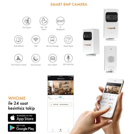 WHOME YAPAY ZEKA DESTEKLİ 8 MP GECE GÖRÜŞLÜ KAMERA (32 GB TF KART DESTEKLİ) resmi