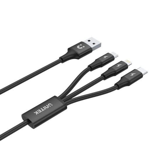 UNITEK USB-A 3in1 HIZLI ŞARJ KABLOSU 1.2MT 2.4A MICRO USB, TYPE-C, LIGHTNING (C14049BK) resmi