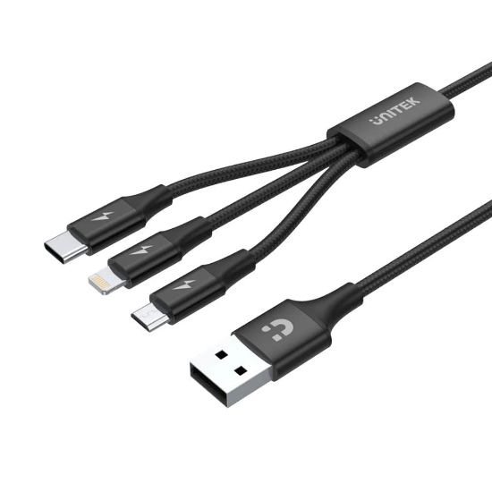 UNITEK USB-A 3in1 HIZLI ŞARJ KABLOSU 1.2MT 2.4A MICRO USB, TYPE-C, LIGHTNING (C14049BK) resmi
