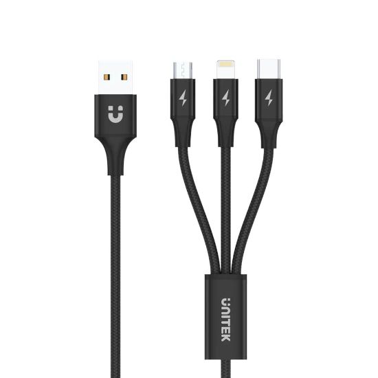 UNITEK USB-A 3in1 HIZLI ŞARJ KABLOSU 1.2MT 2.4A MICRO USB, TYPE-C, LIGHTNING (C14049BK) resmi