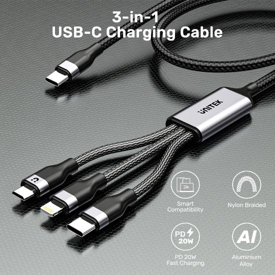 UNITEK TYPE-C 3in1 HIZLI ŞARJ KABLOSU 1.5MT 20W MICRO USB, TYPE-C, LIGHTNING (C14101AGY01-1.5M) resmi