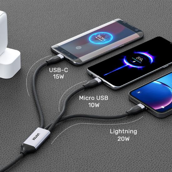 UNITEK TYPE-C 3in1 HIZLI ŞARJ KABLOSU 1.5MT 20W MICRO USB, TYPE-C, LIGHTNING (C14101AGY01-1.5M) resmi