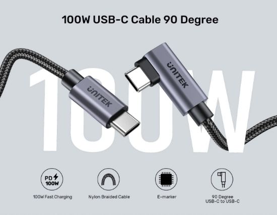 UNITEK TYPE-C HIZLI ŞARJ KABLOSU 90 DERECE 3 METRE 100W (C14123BK-3M) resmi