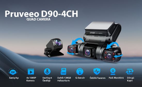PRUVEEO D90-4CH FHD WI-FI GPS + 128GB SD KART KAME resmi