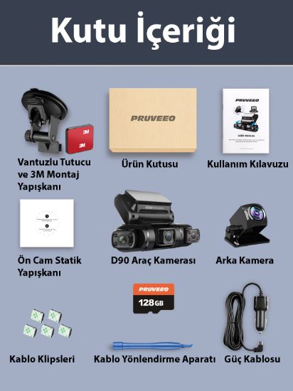 PRUVEEO D90-4CH FHD WI-FI GPS + 128GB SD KART KAME resmi