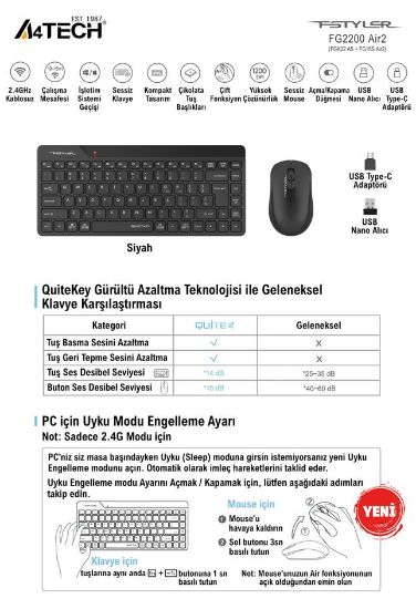 A4 TECH FG2200 AIR2 2.4 SİYAH QMİNİ FN-MM KABLOSUZ SESSİZ SET resmi