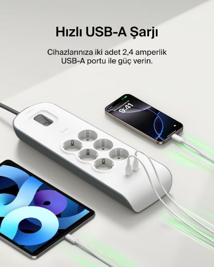 BELKIN BSV604 2 METRE 6LI USBA AKIM KOR. PRIZ resmi