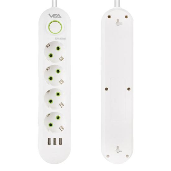 VEA VA-21560 4LÜ 1.5 METRE KABLOLU 3 USBLİ BEYAZ AKIM KORUMALI PRİZ resmi