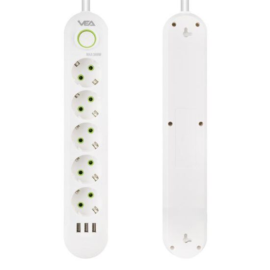 VEA VA-21562 5Lİ 1.5 METRE KABLOLU 3 USBLİ BEYAZ AKIM KORUMALI PRİZ resmi