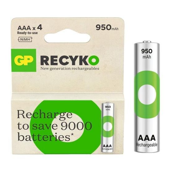 GP RECYKO 950 MAH AAA İNCE 4LÜ ŞARJLI KALEM PİL GP100AAAHCE-2EB4 (GPRHC103E001) resmi