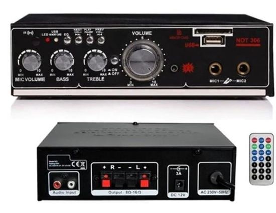 Notel Not-306 2X20W 4-8 Ohm Usb/Sd Girişli Bluetoothlu 2 Mikrofon Girişli Trafosuz Stereo Mini Anfi resmi