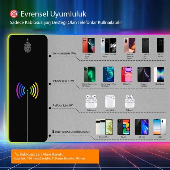 PowerMaster PM-25115 XL RGB Gaming Mouse Pad Wireless Telefon Şarj Destekli 14 Modlu resmi