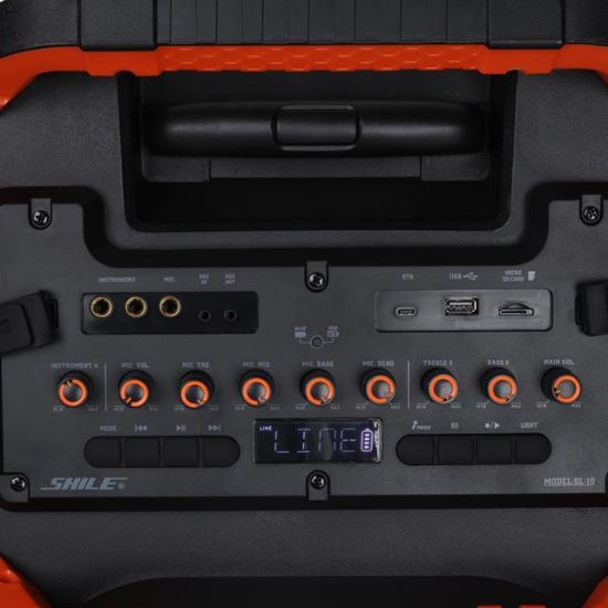 Shile SL-10 120 Watt Taşınabilir Seyyar Amfi Hoparlör Kablosuz 1 EL + 1 Yaka Mikrofonlu Kumandalı USB+SD+BT resmi