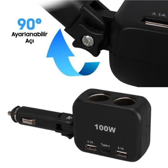 Olesson 1655 12-24V TYPE-C + Çift USB-A Girişli 100W 2'li Araç Çakmak Çoklayıcı resmi