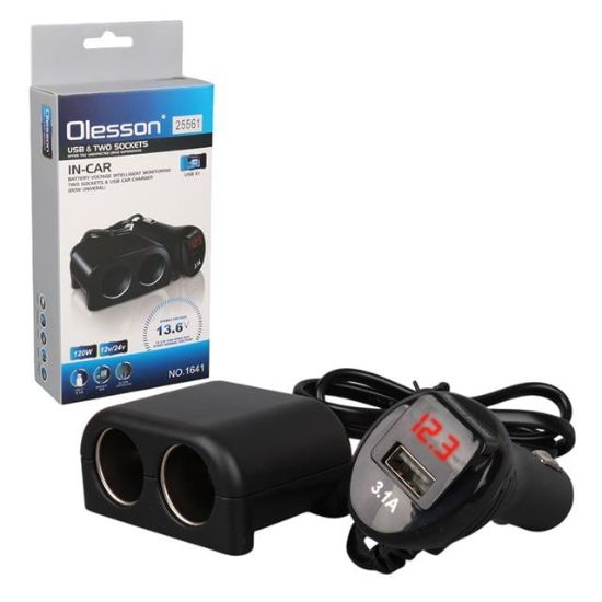 Olesson 1641 12-24V Tek USB Girişli 120W 80cm Kablolu Dijital Voltaj Ekranlı 2'li Araç Çakmak Çoklayıcı resmi