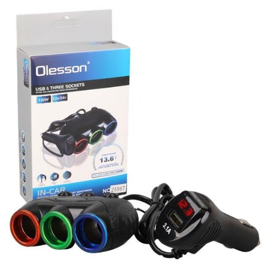 Olesson 1633 12-24V Tek USB Girişli 120W 80cm Kablolu Dijital Voltaj Ekranlı 3'lü Araç Çakmak Çoklayıcı resmi