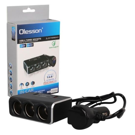 Olesson 1639 12-24V Çift USB Girişli Hızlı Şarj Destekli 120W 80cm Kablolu Dijital Voltaj Ekranlı 3'lü Araç Çakmak Çoklayıcı resmi