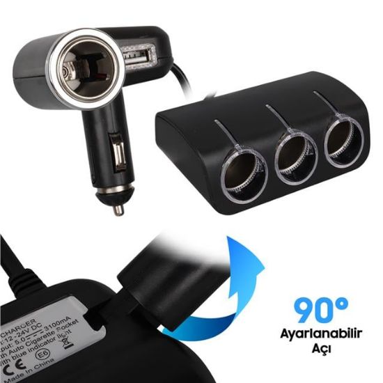 Olesson 1528 12-24V Tek USB Girişli 120W 80cm Kablolu 3'LÜ Araç Çakmak Çoklayıcı resmi