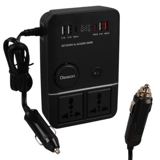 Olesson 1661 DC 12-24V 200W Oto Araç Power İnverter 2x Çakmak Girişi - 2x TYPE-C - 4x USB - 2x 220V Üniversal Priz resmi