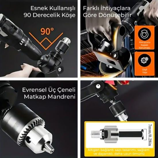 PowerMaster PM-26256 Mandrenli 90 Derece Açılı Universal Matkap Başlık Seti Adaptörü resmi
