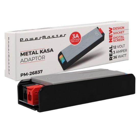 PowerMaster PM-26837 12 Volt 3 Amper 36 Watt Slim Metal Kasa Adaptör Voltaj Göstergeli 128x42x27mm resmi