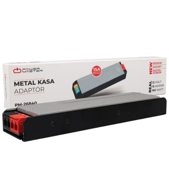 PowerMaster PM-26840 12 Volt 15 Amper 180 Watt Slim Metal Kasa Adaptör Voltaj Göstergeli 218x51x27mm resmi