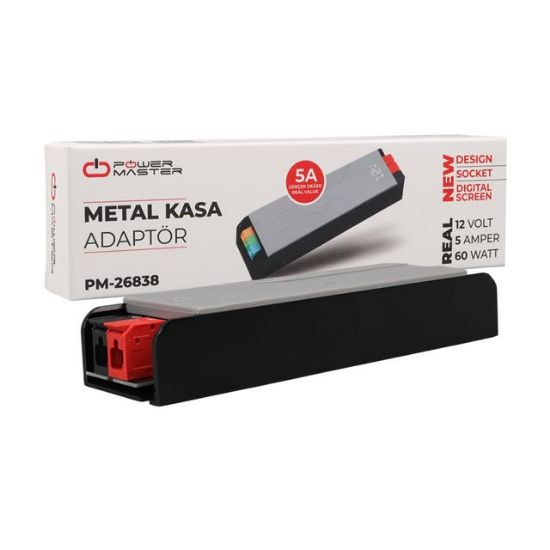 PowerMaster PM-26838 12 Volt 5 Amper 60 Watt Slim Metal Kasa Adaptör Voltaj Göstergeli 148x43x27mm resmi