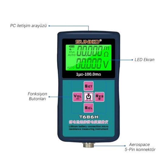 Sunkko T686H Hassas Pil İç Direnç ve Voltaj Test Cihazı (0-100V - 0-100 Ohm) resmi
