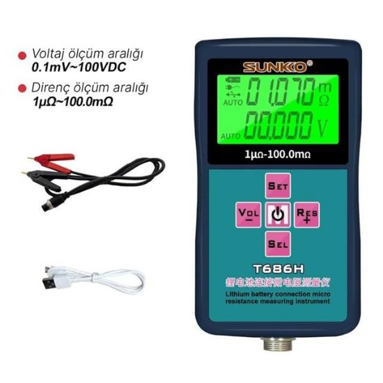 Sunkko T686H Hassas Pil İç Direnç ve Voltaj Test Cihazı (0-100V - 0-100 Ohm) resmi