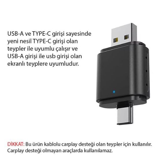 PowerMaster PM-27447 Kablosuz Carplay - Android Auto Çevirici Dönüştürücü Adaptör İki Girişli USB - TYPE-C resmi