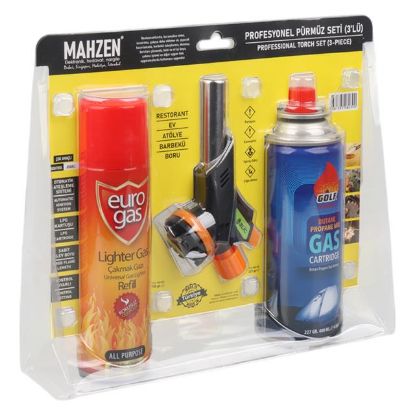 Mahzen Profesyonel 3'lü Pürmüz Başlığı Seti (Butan Propan Gaz Kartuşu 400ML Çakmak + Çakmak Gazı 270ML) resmi