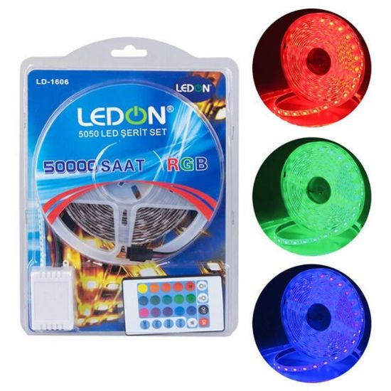 Ledon LD-1606 Su Geçirmez 5 Metre RGB Şerit Led Animasyon Devreli Adaptörlü Set 5050 3 Çipli Silikonlu resmi