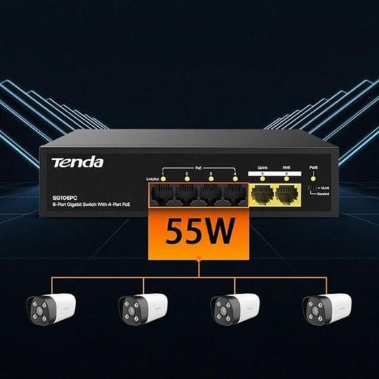 Tenda S106PC 6-Portlu 10/100 Mbps Lite PoE Uplink Switch (4 Port PoE Destekli 55W Toplam Güç) resmi