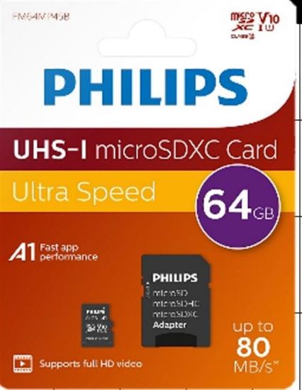 Philips FM64MP45B/00 64GB Class10 UHS-I U1 TF Adaptörlü Micro SDXC Hafıza Kartı resmi