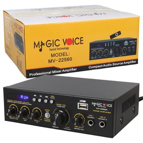MAGICVOICE MV-22560 2X20W 4-8 OHM USB/SD GİRİŞLİ BLUETOOTHLU 2 MİKROFON GİRİŞLİ TRAFOSUZ STEREO MİNİ ANFİ resmi