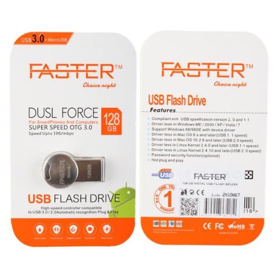 Faster 128 GB Dusl Serisi USB 3.0 Yüksek Hızlı Metal Flash Bellek resmi