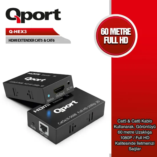 QPORT Q-HEX3 HDMI EXTENDER CAT6 60M 2 LI PAKET resmi