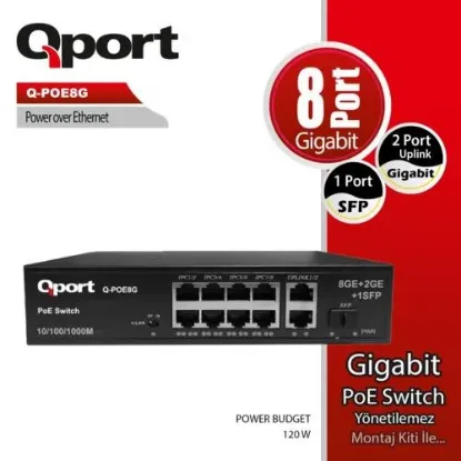 QPORT Q-POE8G 8 PORT GIGABIT + 2 PORT GIGABIT UPLINK POE SWITCH resmi