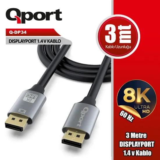 QPORT (Q-DP34) DISPLAY PORT 3 METRE KABLO resmi