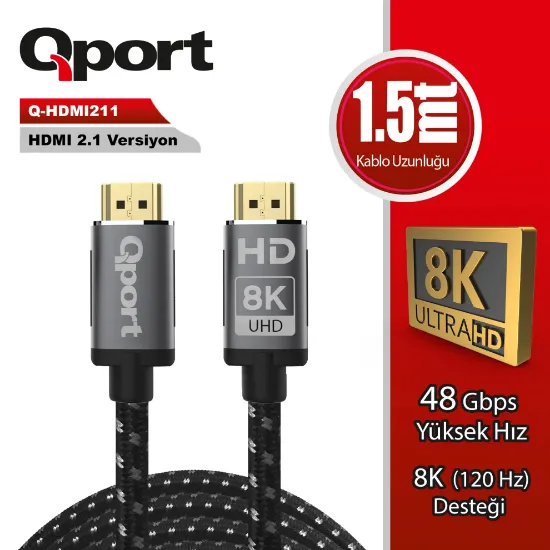 QPORT Q-HDMI211 HDMI 2.1V 8K ALTIN UÇLU 1.5 MT KABLO resmi